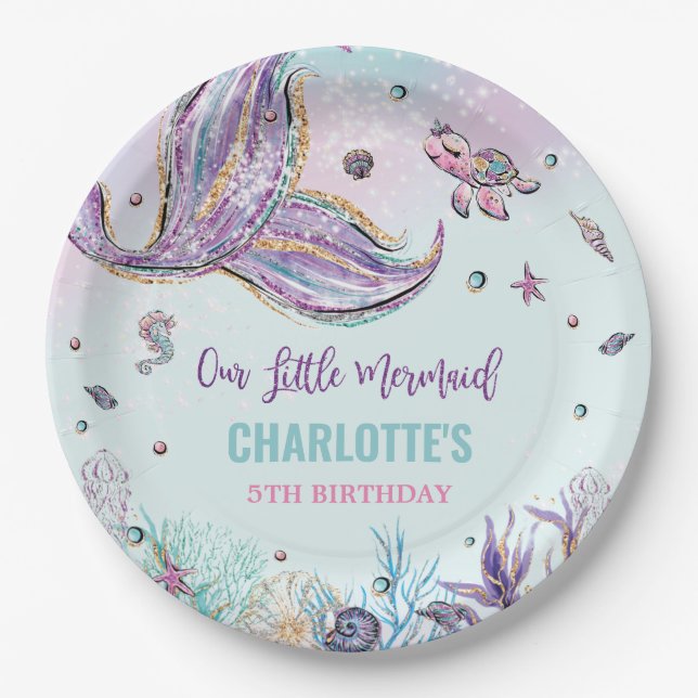Chic Mermaid Tail Under the Sea Girl Birthday Paper Plate (Front)