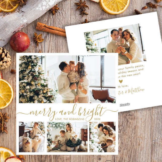 Chic Merry and Bright Gold Script 4 Photo Collage Holiday Card (Creator Uploaded)