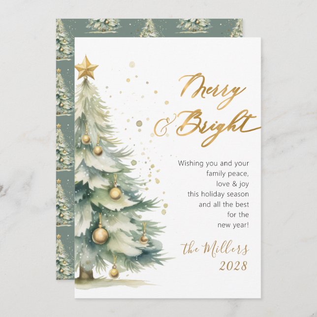 Chic Merry and Bright Gold Script Christmas Tree Holiday Card (Front/Back)