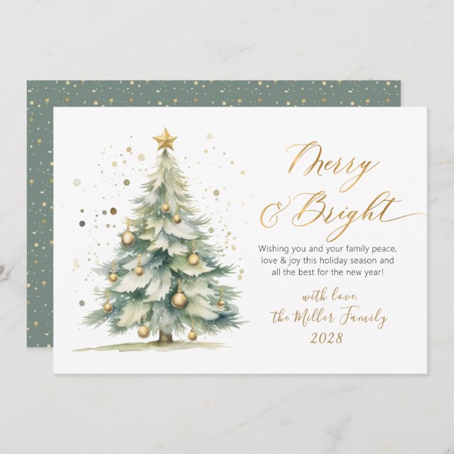 Chic Merry and Bright Gold Script Christmas Tree Holiday Card (Front/Back)