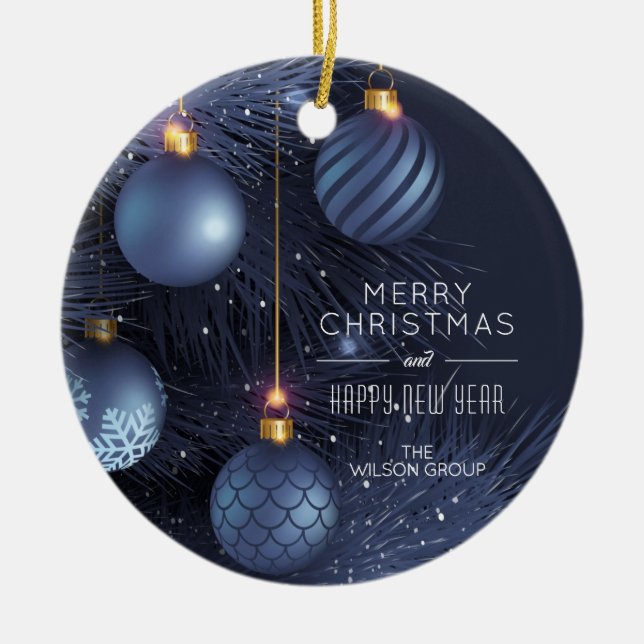 Chic Merry Christmas Blue Tree Ornaments (Front)