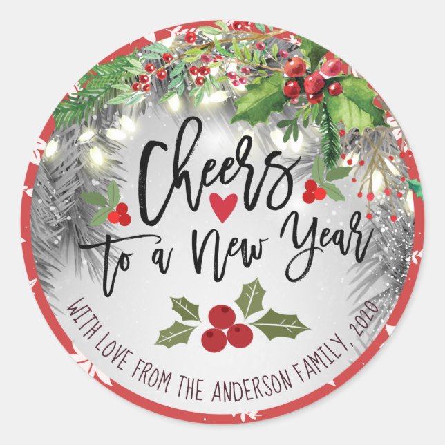 Chic Merry Christmas Cheers to A New Year Greeting Classic Round Sticker (Front)