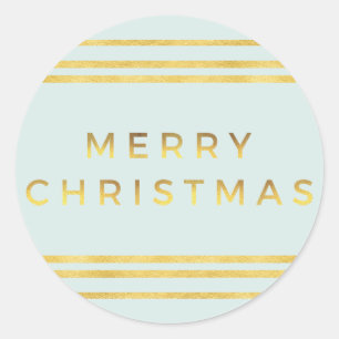 Chic Merry Christmas Faux Gold foil Stripes Blue Classic Round Sticker