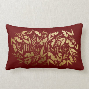 Chic Merry Christmas Gold Burgundy Eucalyptus Lumbar Cushion