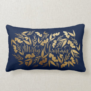 Chic Merry Christmas Gold Navy Blue Eucalyptus Lumbar Cushion