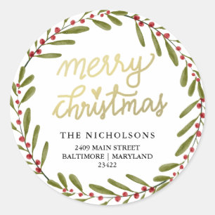 Chic Merry Christmas Holly Wreath Return Address Classic Round Sticker