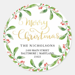 Chic Merry Christmas Holly Wreath   Return Address Classic Round Sticker