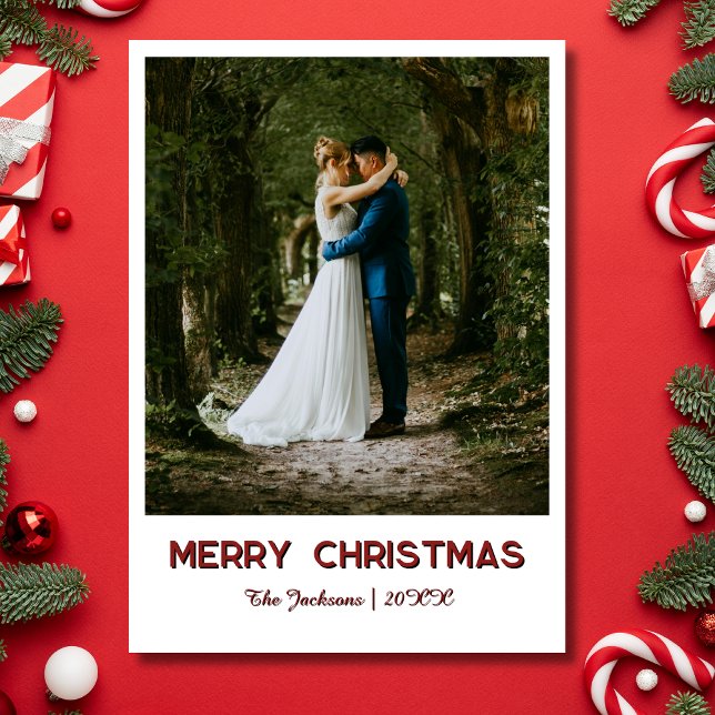 Chic Merry Christmas Newlywed Photo Deep Burgundy Holiday Card (Creator Uploaded)