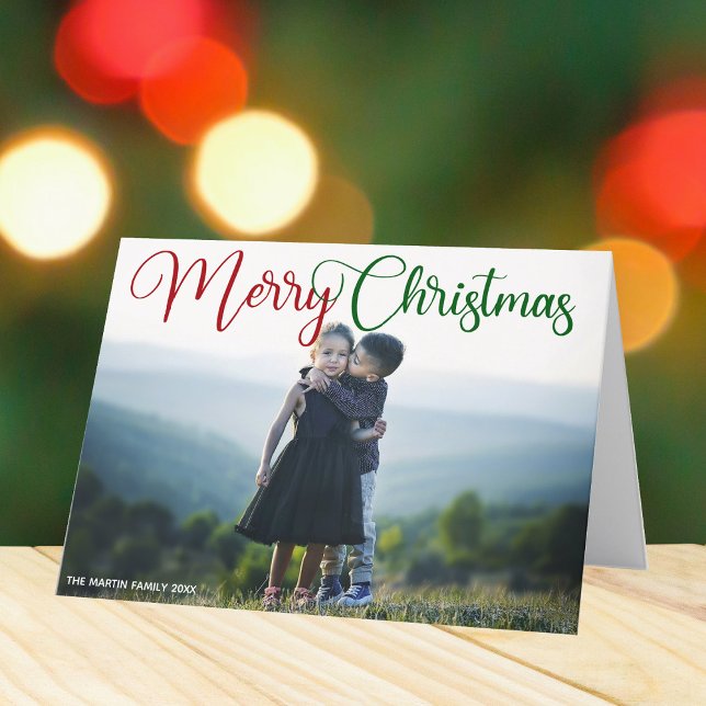 Chic Merry Christmas Photo Red Green Script Holiday Card (Creator Uploaded)