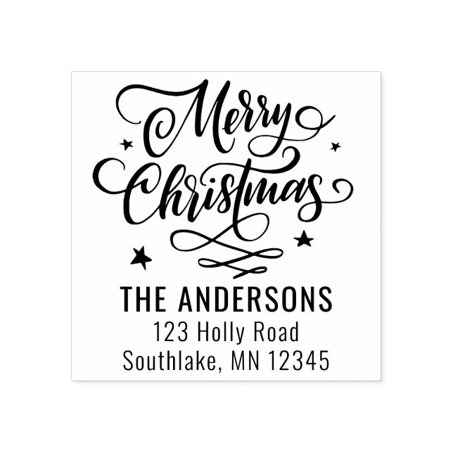 Chic Merry Christmas Script Holiday Return Address Rubber Stamp (Imprint)