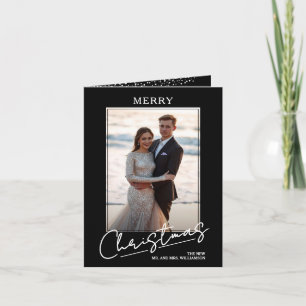 Chic Merry Christmas Script on Black Folded Photo Holiday Card