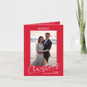 Chic Merry Christmas Script on Red Folded Photo Holiday Card