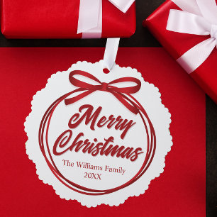 Chic Merry Christmas Script Red Ribbon Bow Custom Tree Decoration Card