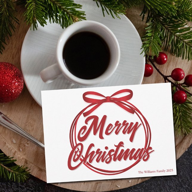 Chic Merry Christmas Script Red Ribbon Bow Holiday Card (Creator Uploaded)