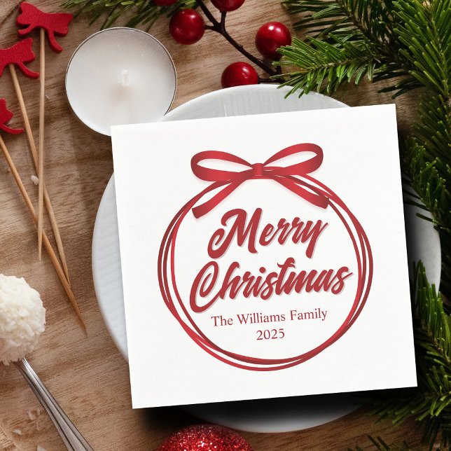 Chic Merry Christmas Script Red Ribbon Bow Party Napkin (Creator Uploaded)