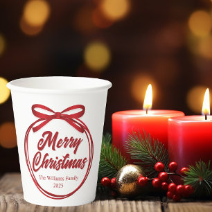 Chic Merry Christmas Script Red Ribbon Bow Party Paper Cups