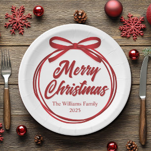 Chic Merry Christmas Script Red Ribbon Bow Party Paper Plate