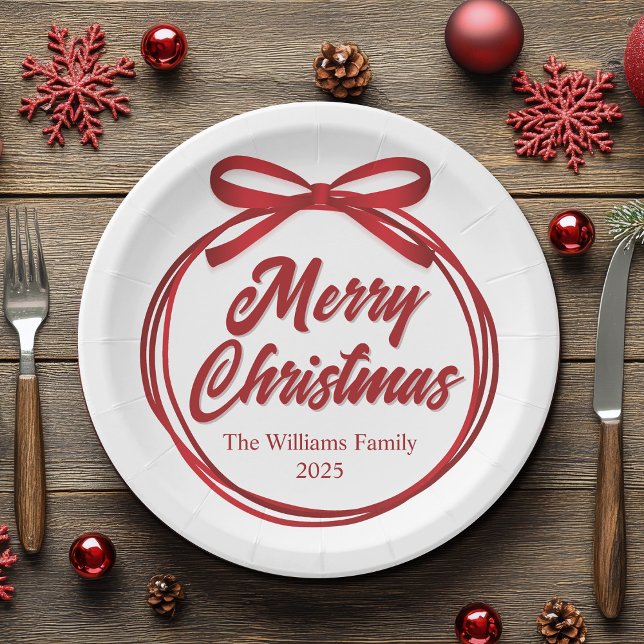 Chic Merry Christmas Script Red Ribbon Bow Party Paper Plate (Creator Uploaded)