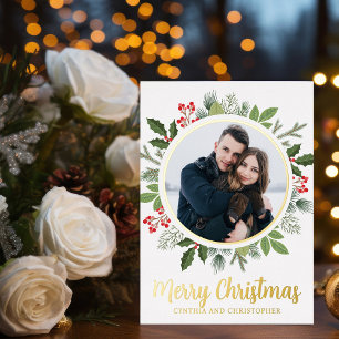 Chic Merry Christmas Wreath Photo Gold Foil Holiday Card