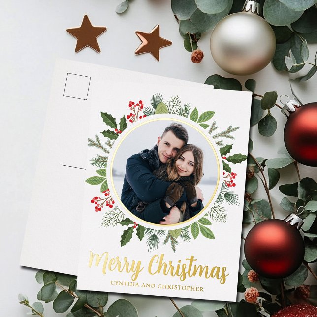 Chic Merry Christmas Wreath Photo Gold Foil Holiday Postcard (Creator Uploaded)