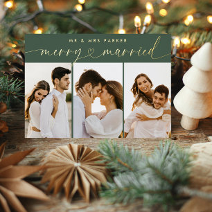 Chic Merry & Married Heart Script Christmas Photo Foil Holiday Card