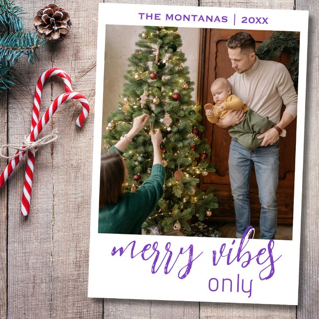 Chic Merry Vibes Only Family Photo Deep Amethyst Holiday Card (Creator Uploaded)