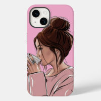 Chic Messy Bun Girl Drinking Coffee Pastel Pink 