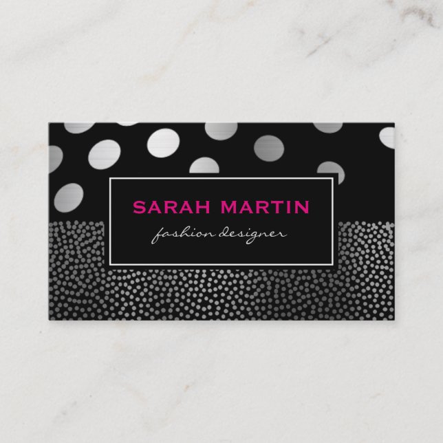 Chic Metallic Dots Pattern Black Label Business Card (Front)