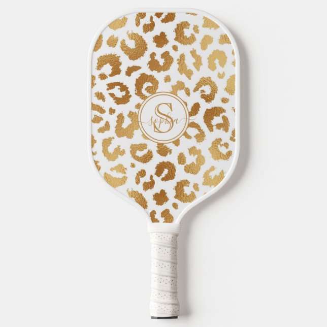 Chic Metallic Gold & White Leopard Print Girls Pickleball Paddle (Front)