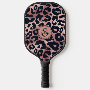Chic Metallic Rose Gold & Black Leopard Print Pickleball Paddle