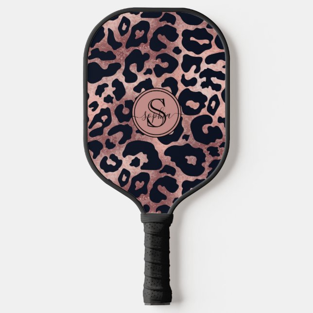Chic Metallic Rose Gold & Black Leopard Print Pickleball Paddle (Front)