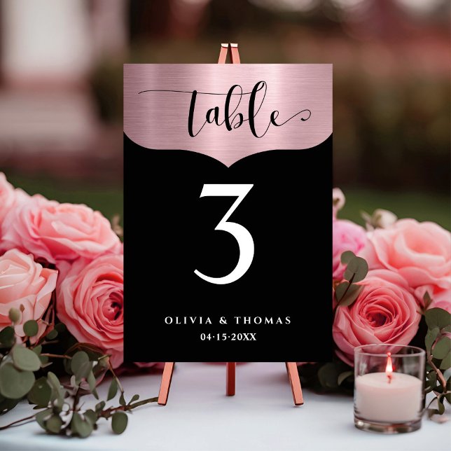 Chic Metallic Rose Gold Black Script Wedding Table Number (Creator Uploaded)