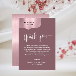 Chic Metallic Rose Gold Script Wedding Thank You Card