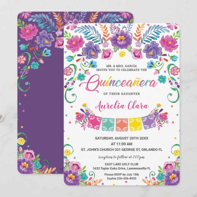 Chic Mexican Floral Flowers Quinceañera 15 Anos  Invitation (Front/Back)