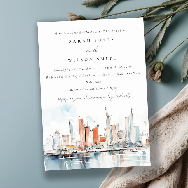 Chic Miami Florida Skyline Watercolor Engagement Invitation (Creator Uploaded)