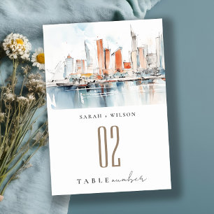 Chic Miami Florida Skyline Watercolor Wedding Table Number