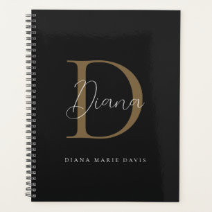 Chic Midnight Black Mossy Gold Script Monogram Planner