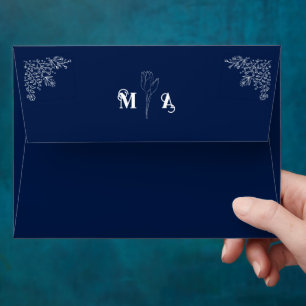 Chic Midnight Blue Floral Initials Wedding Envelope