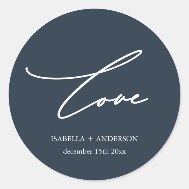 Chic Midnight Blue Love Script with Name Wedding Classic Round Sticker (Front)