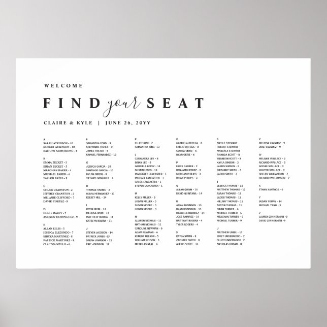 Chic Minimal Alphabetical Wedding Seating Chart (Front)