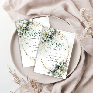 Chic Minimal Bohemian Greenery Gold Wedding RSVP Card