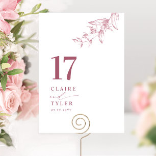 Chic Minimal Botanical Burgundy, Pink Wedding  Table Number