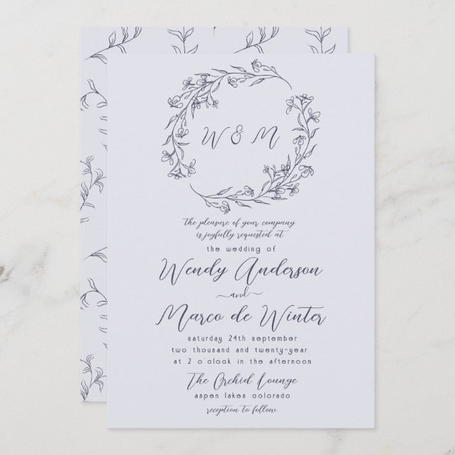 Chic Minimal Chromatic Grey Boho Botanical Wedding Invitation (Front/Back)