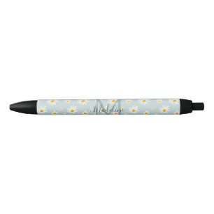 Chic Minimal Daisy Teal Script Monogram Black Ink Pen