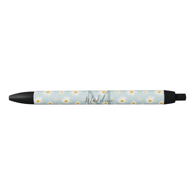 Chic Minimal Daisy Teal Script Monogram Black Ink Pen (Front)
