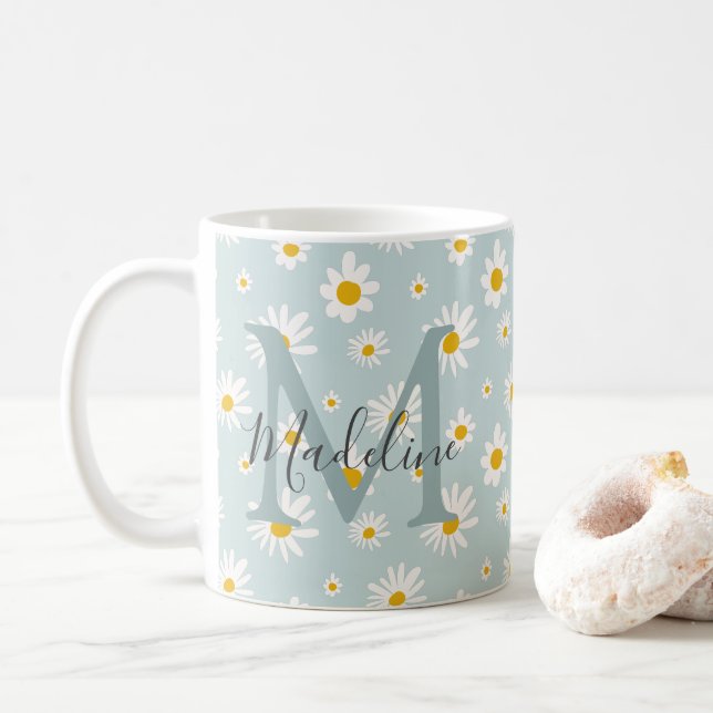 Chic Minimal Daisy Teal Script Monogram Coffee Mug (With Donut)