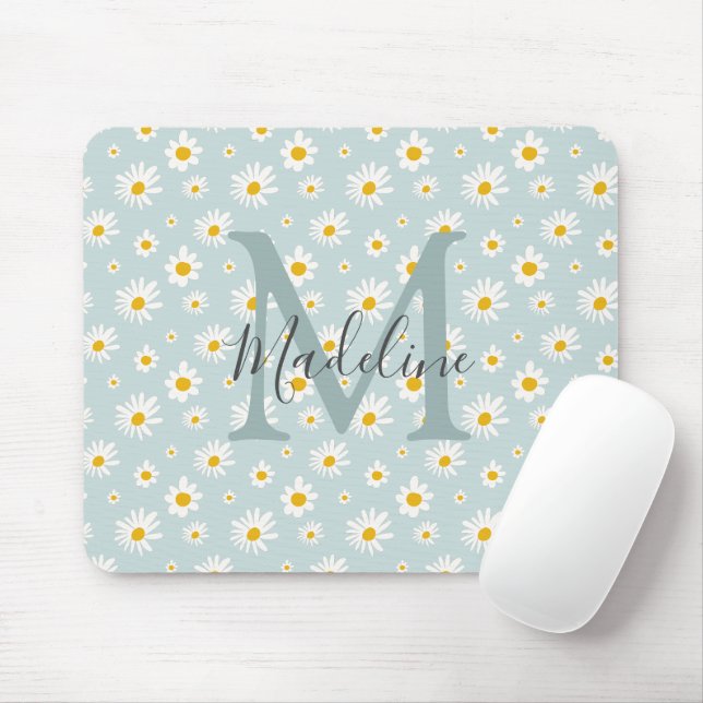 Chic Minimal Daisy Teal Script Monogram Mouse Pad (With Mouse)