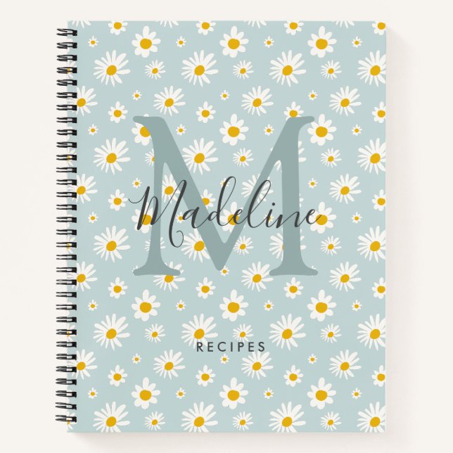 Chic Minimal Daisy Teal Script Monogram Recipe Notebook (Front)