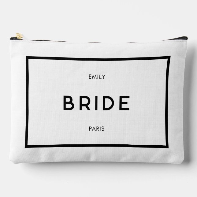 Chic Minimal French Black & White Bride Name Accessory Pouch (Front)