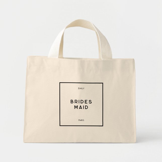 Chic Minimal French Black & White Bridesmaid Mini Tote Bag (Front)